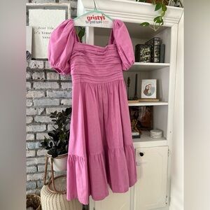 Abercrombie & Fitch Linen-Blend Puff Sleeve Midi Dress. Pink. Size XL Petite.